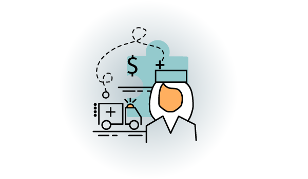 Icon graphic depicting an ambulance, medical personnel, dollar sign and technical drawing details