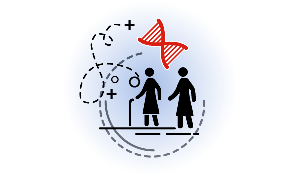 Icon graphic depicting older figures walking with assistance, an hour glass, and technical drawing details