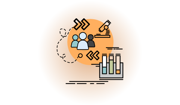 Icon graphic depicting group of individuals, clinical lab beakers, and a microscope