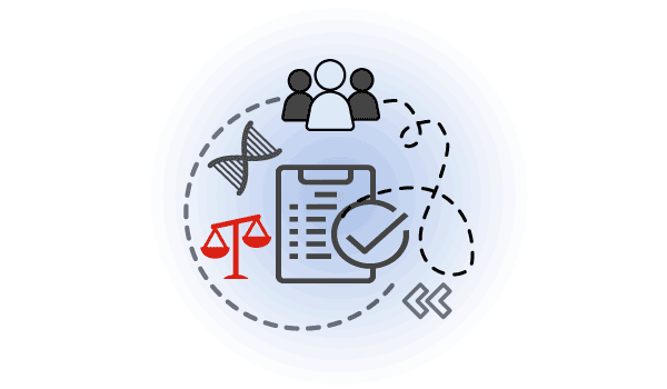 Icon graphic with people, document, hourglass and scale