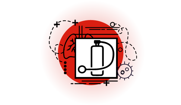 Icon graphic with breathing assistance equipment, lungs and a virus