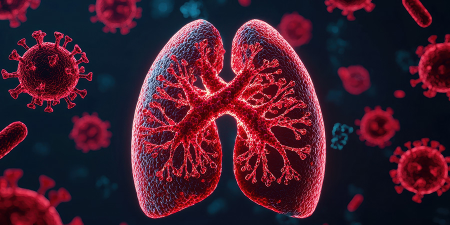 A digital illustration of human lungs surrounded by red viral particles, symbolizing respiratory diseases and the impact of viruses on lung health.