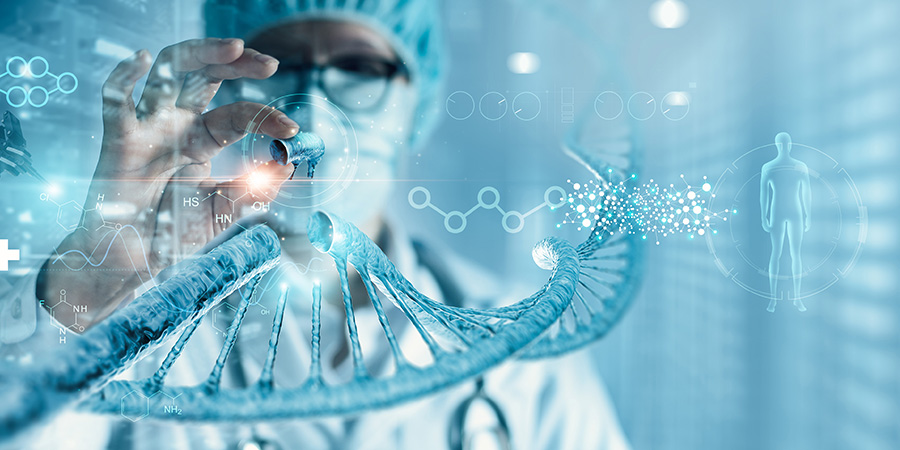 Abstract DNA molecule. Doctor cutting DNA molecule and check with analysis chromosome DNA genetic of human with ai virtual interface.