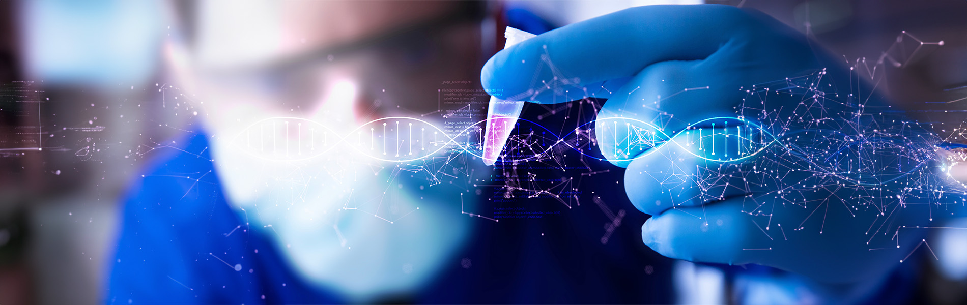 A scientist looking at a vial with a DNA illustration overlayed