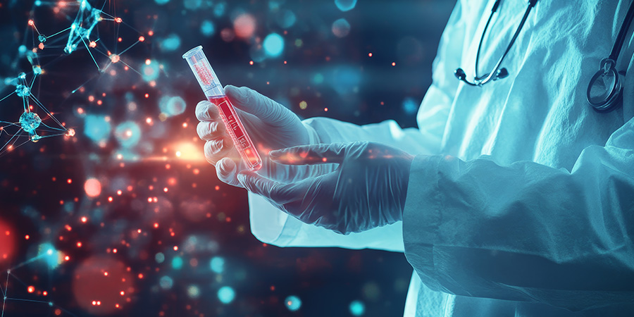 Scientist holding medical testing tubes or vials of medical pharmaceutical research with blood cells and virus