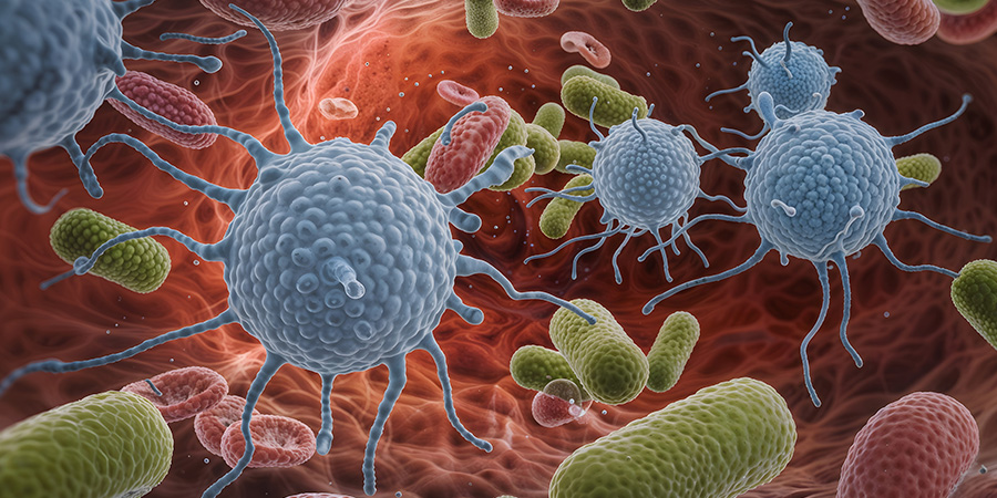 Delve into the immune response with this colorful image of white blood cells fighting infection.