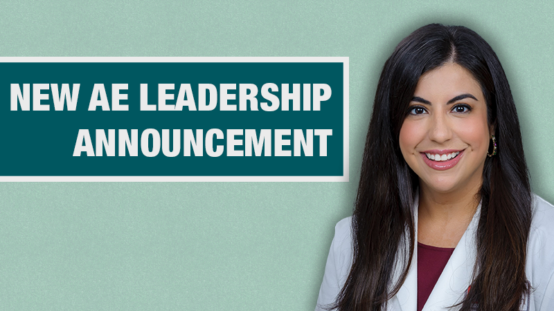 Amy Gonzalez with a teal background and text that reads New AE Leadership Announcement