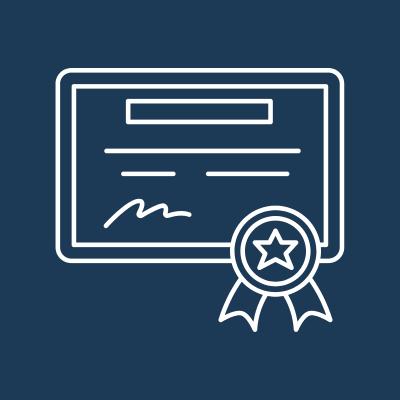 A circular icon featuring a white certificate with a ribbon on a dark blue background