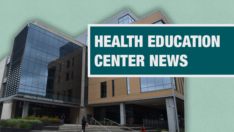 The Health Education Center building on a light teal background with a banner that says "Health Education Center News."