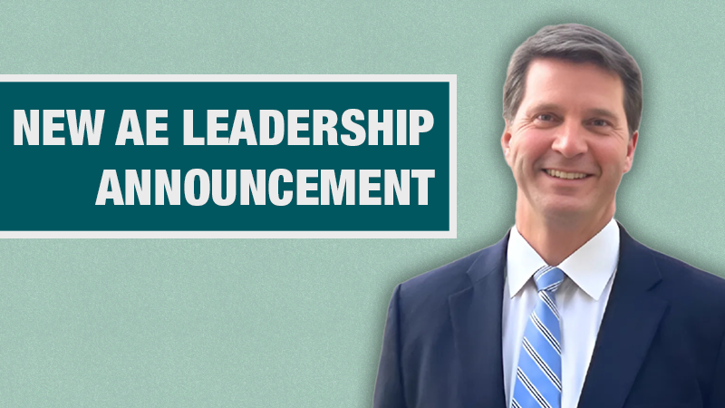 Matthew Hutter on a light teal background with a dark teal banner that says "New AE Leadership Announcement"