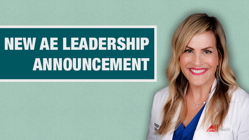 Dr. Jacquelyn Svoboda on a teal background with a dark teal box with text reading "New AE Leadership Announcement"