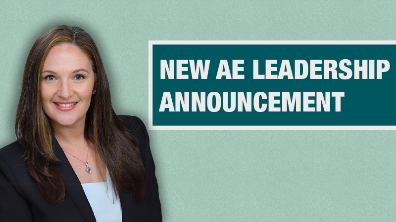 Rebekah Viner on a light teal background with a banner that says New AE Leadership Announcement
