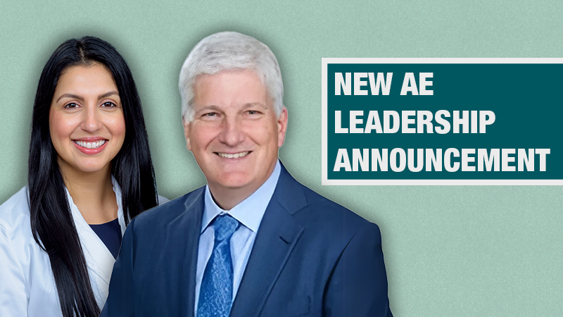 Richard (Rick) Pyles and Shikha Wadhwani on a teal background with the words New AE Leadership Announcement
