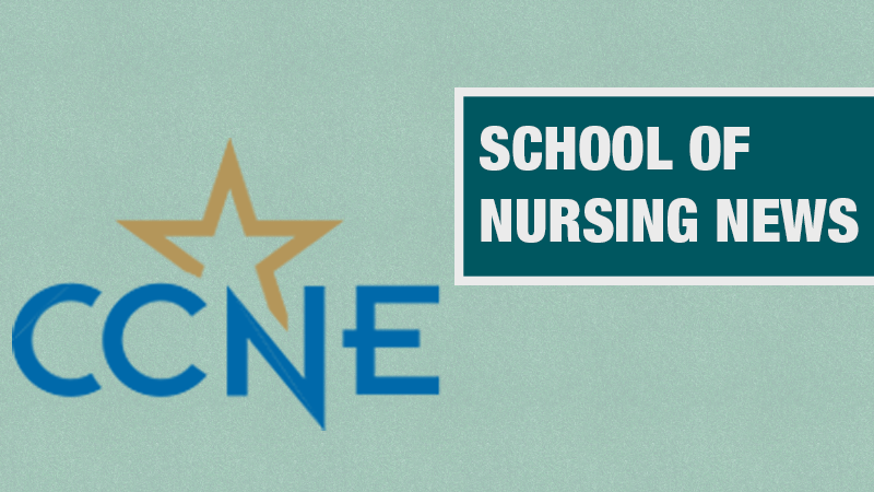 CCNE Logo with a teal background. White text that reads "School of Nursing News," on a dark teal background.